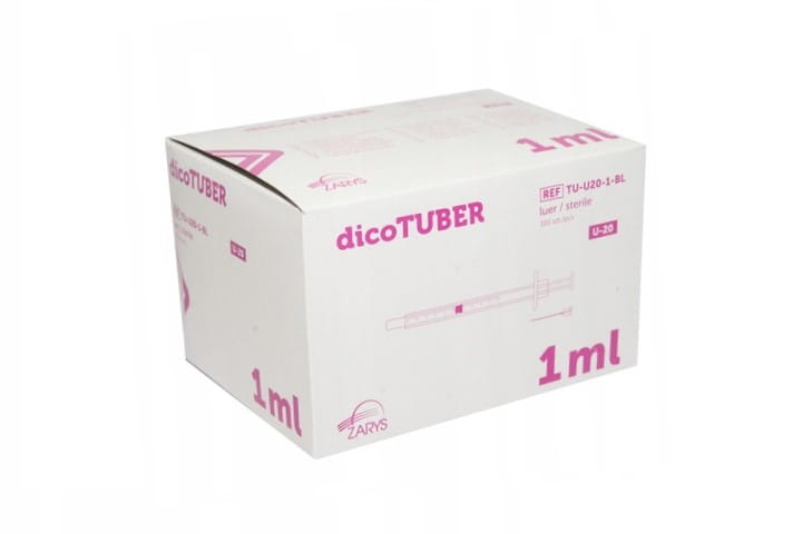 Strzykawki tuberkulinowe dicoTUBER – 1 ml, z igłą 0,45 × 13 mm, 3‑częściowe, luer, 100 szt.
